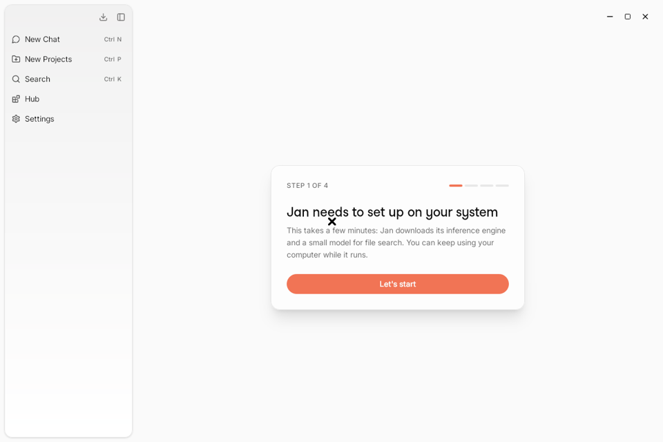 Jan 第一次開啟的設定畫面：Step 1 of 4，Jan needs to set up on your system