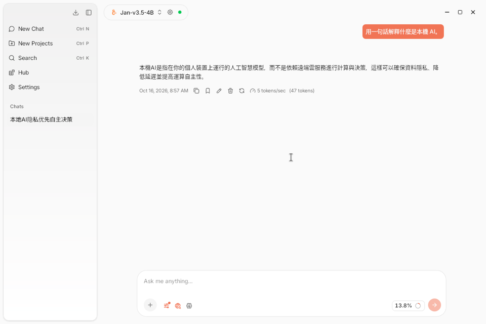 Jan 聊天畫面：用繁體中文問什麼是本機 AI，模型用一句繁體中文回答，顯示 5 tokens/sec